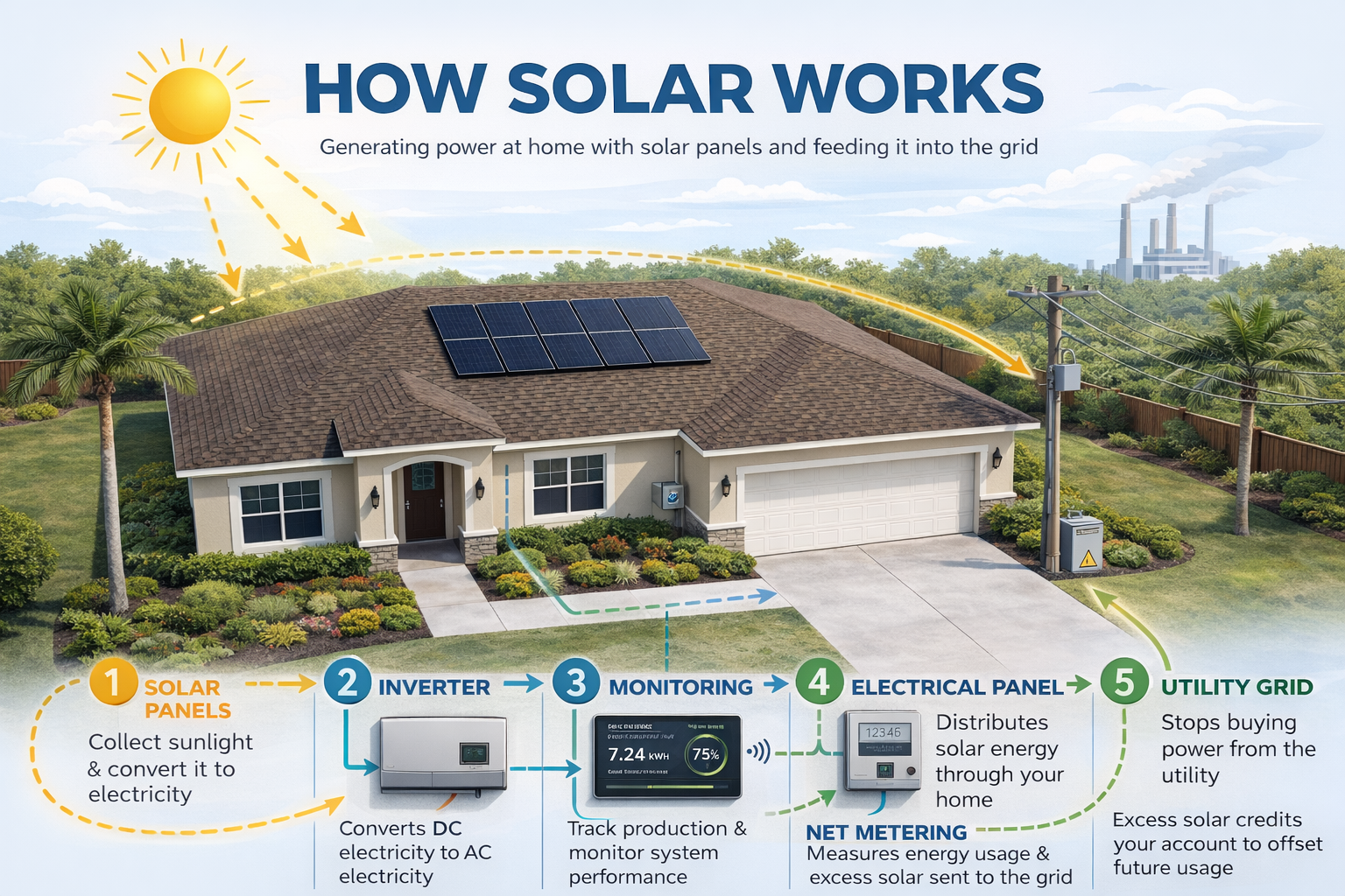 Diagram showing how solar panels generate power and connect through the inverter, electrical panel, and utility grid.