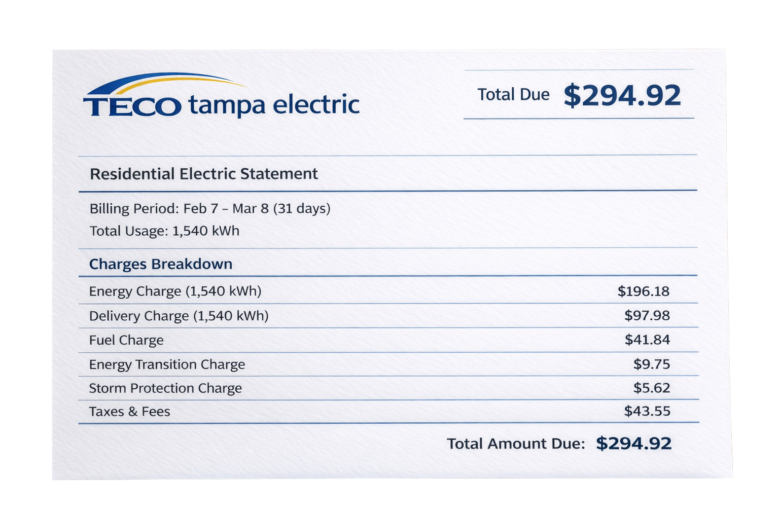 Mock Tampa Electric bill showing total due and a breakdown of utility charges.