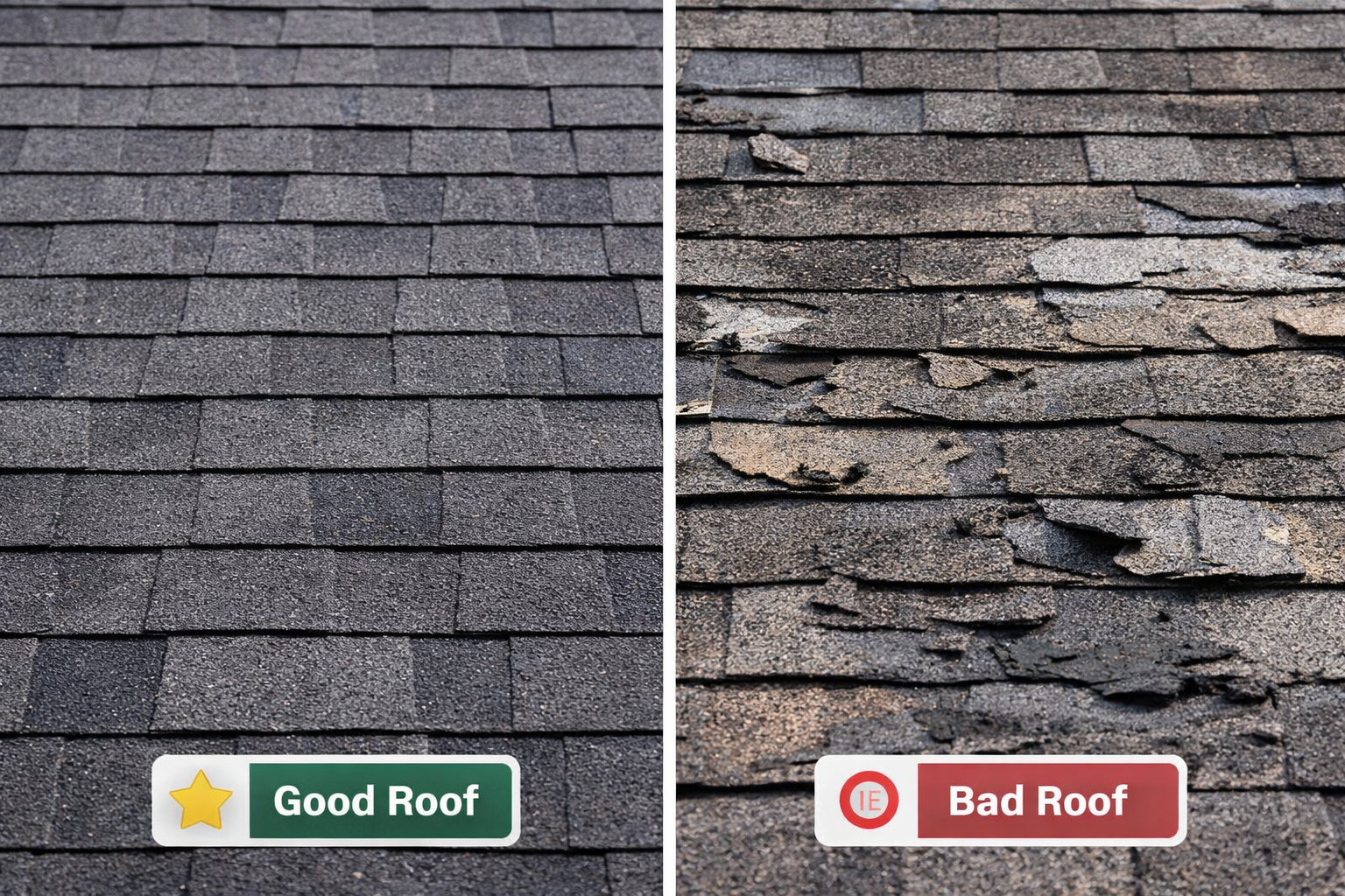 Comparison of a roof in good condition and a roof in poor condition.