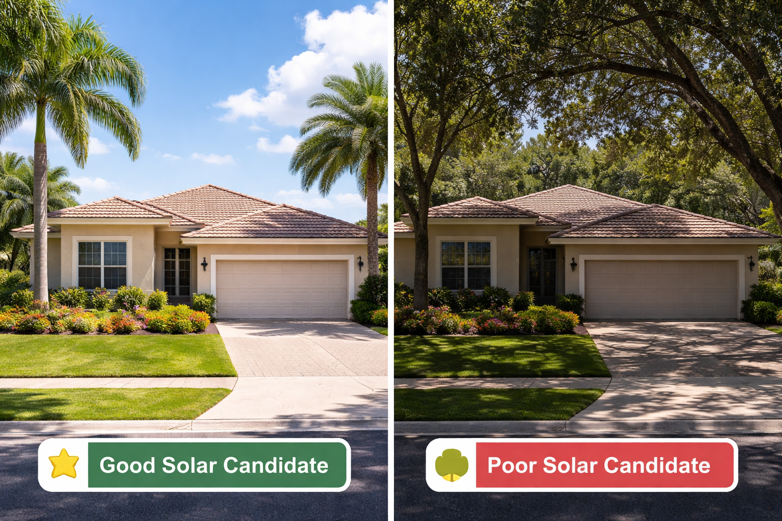 Comparison showing a home with strong sunlight and a home with heavy shade.