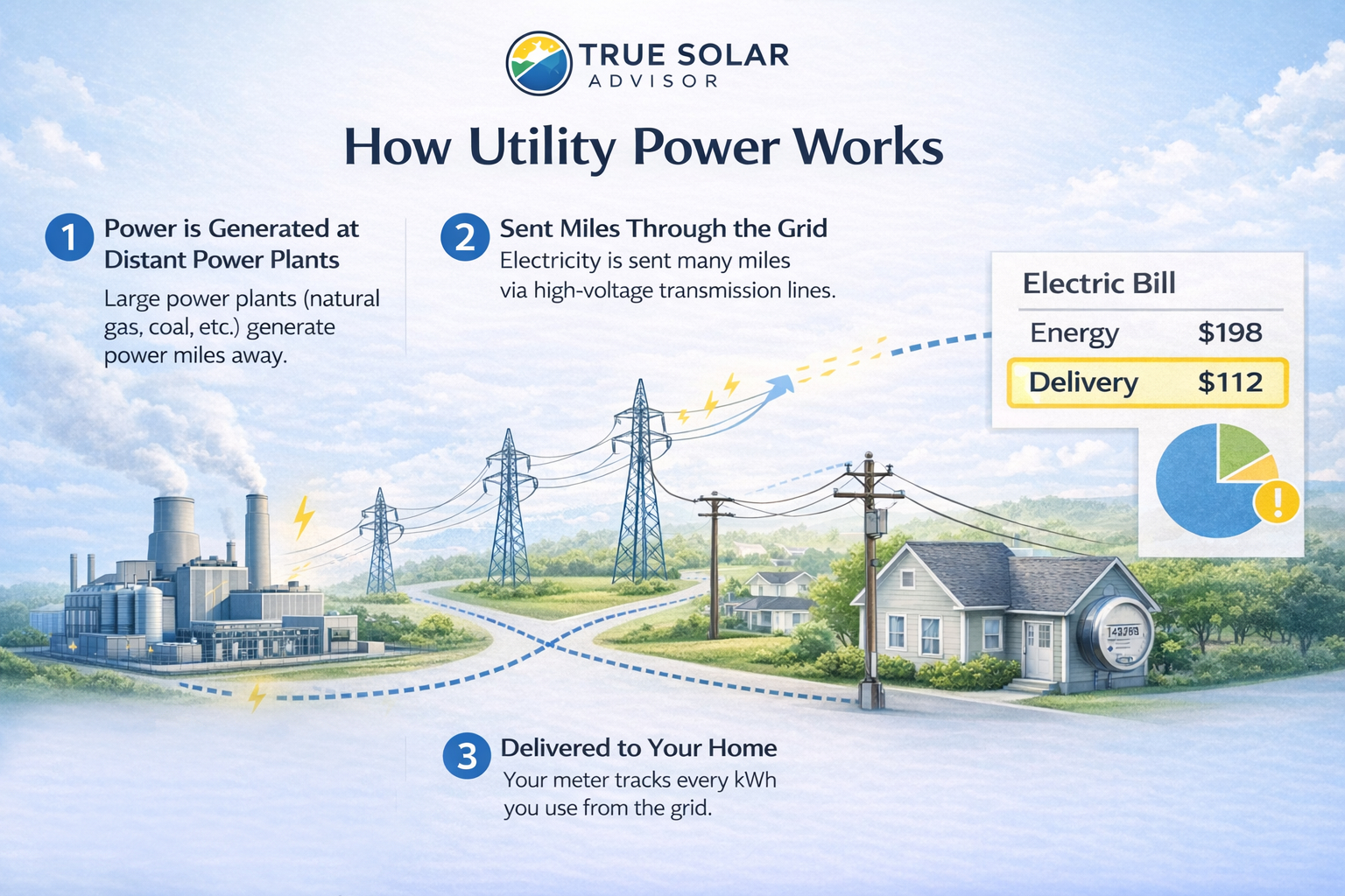Diagram showing how utility power is generated at distant power plants, sent through the grid, and delivered to a home with an electric bill.